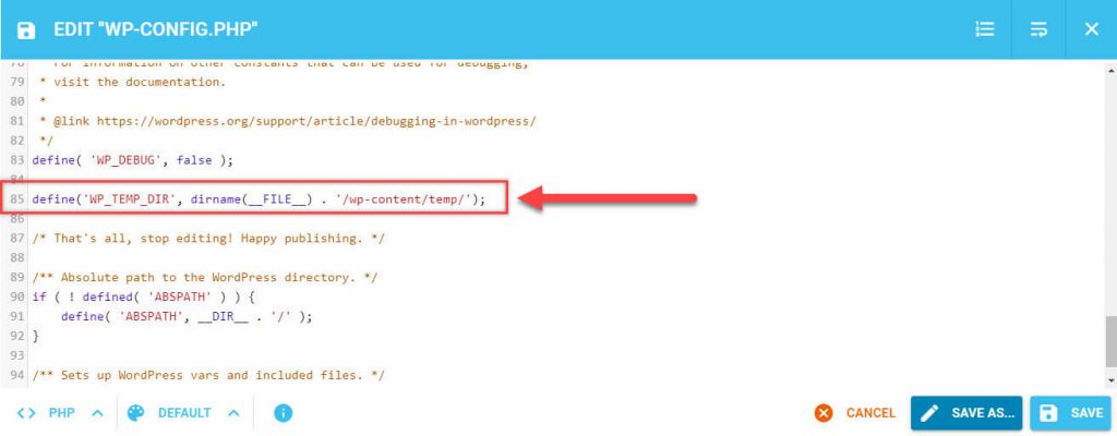 اضافه کردن کد به فایل wp-config برای رفع خطا Missing a temporary folder